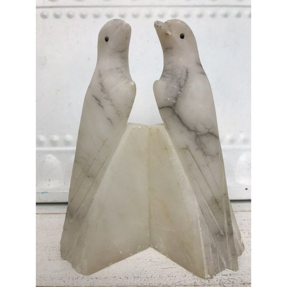 Vtg Art Deco Italian Alabaster Stone Parrot Bird Antq Hand Carved Bookends Luck - Picture 13 of 15